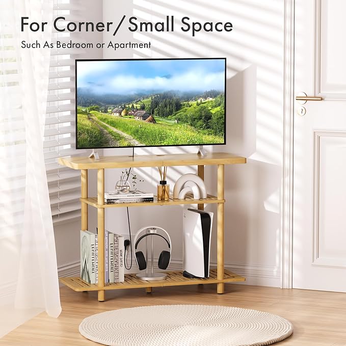 Bamboo TV Stand, Small TV Stands for up to 32 Inch, 3-Tier Entertainment Center TV Shelf with Storage, Sturdy Corner TV Stand for Small Spaces, 31.5 x 24.2 x 11.8 inches