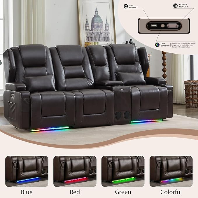 Oprisen 3-Seater Power Recliner Sofa Couch Flip Middle Backrest Reclining Sofa Chair for Living Room with Multi-Function Console/Cup Holders/LED Ambient Light