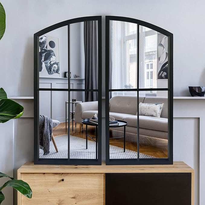 Black Arch Mirror,Window Pane Wall Decor,Farmhouse Wall Mirrors with Iron Frame for Entryway,Hallway,Living Room,Fireplace.2-Pack 26.4"X13.4"