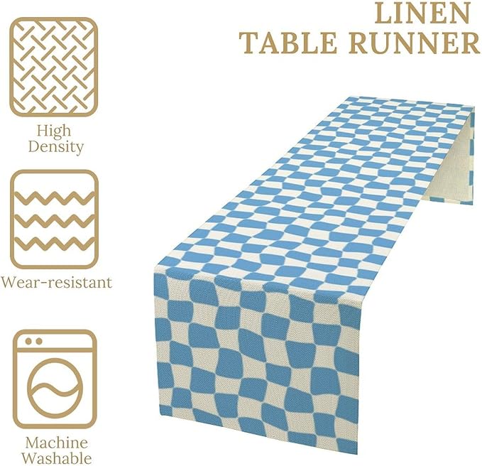 70s Hippie Table Runner Groovy Blue Twisted Checkered Funky Modern Geometric Boho Dinner Runner for Living Room Kitchen Party Holiday Dinner Home Decor 13x108in