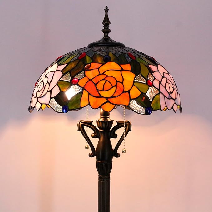 Tiffany Floor Lamp Orange Red Rose Flowers Stained Glass Standing Reading Light 16X16X66 Inches Antique Pole Corner Lamp Decor Bedroom Living Room