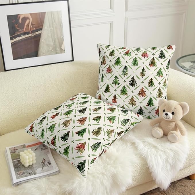 Christmas Throw Pillow Covers 24x24 Set of 2 Watercolor Green Red Xmas Tree Rustic Style Print Decorative Pillow Cases Winter Farmhouse Holiday Outdoor Pillowcase for Couch Sofa Porch