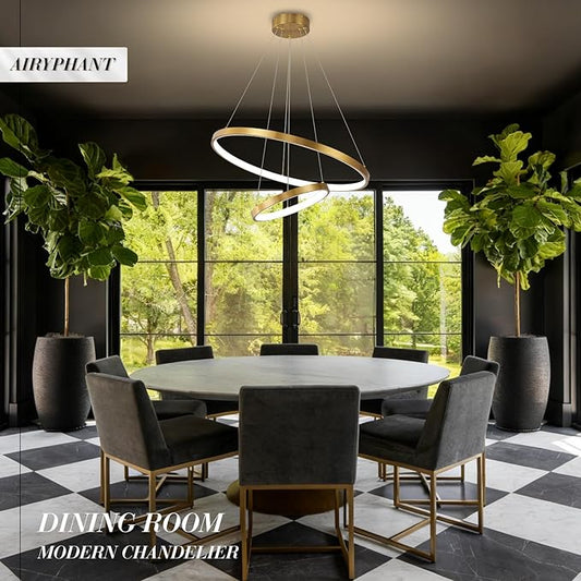 Gold LED Ring Chandeliers Modern 2-Ring Chandelier Dimmable Flush Mount Pendant Light Fixture Remote Control Contemporary Pendant Chandelier for Dining Room Bedroom Foyer (23.6"+11.8")