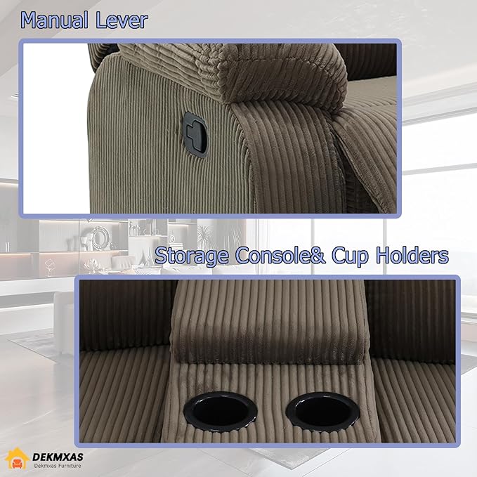 Manual Recliner Loveseat, Corduroy Sectional Manual Reclining Loveseat with Cup Holders, Living Room Furniture Sets Peanut Brown Reclining Loveseat with 2 Recliner Seats and Storage Console