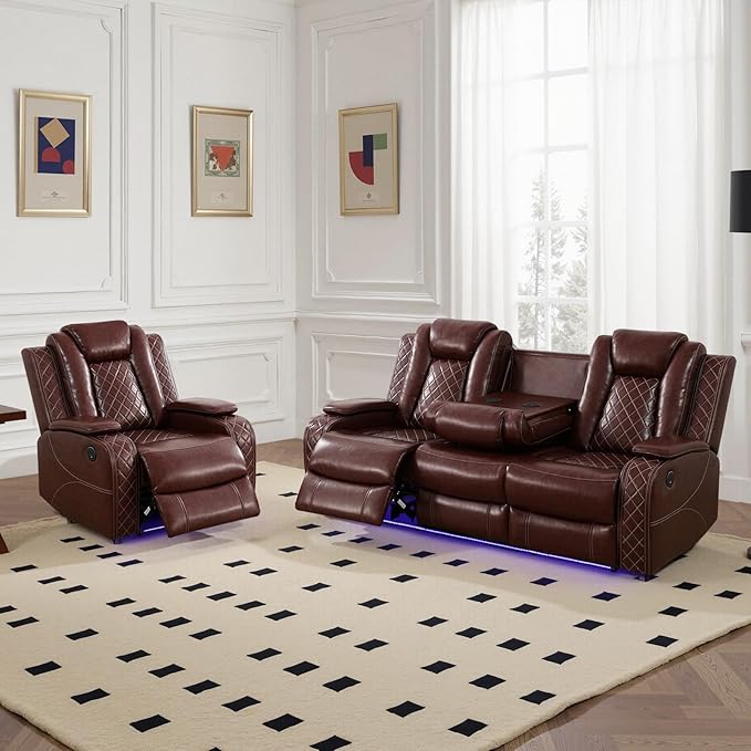 Power Recliner Sofa Set for Living Room, Leather Reclining Sofa Sets with Storage Console, Living Room Furniture Sets with LED Lights(Sofa and Chair,Wine)