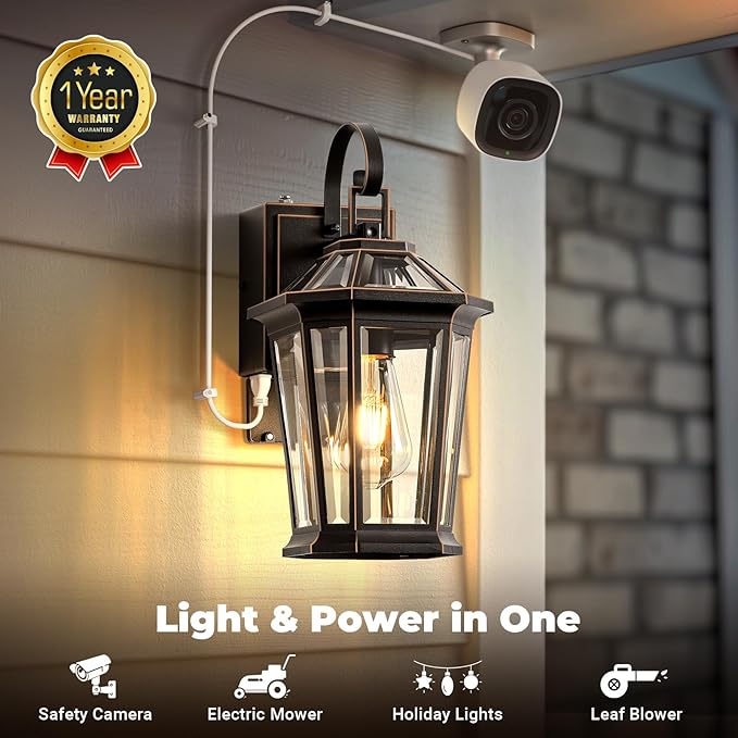 Gleamz Porch Lights Outdoor with GFCI Outlet, ORB Dusk to Dawn Outdoor Lighting with Gold Trim, Exterior Light Fixtures for House, Garden, Patio, E26 Base, 100% Aluminum Waterproof and Anti-Rust