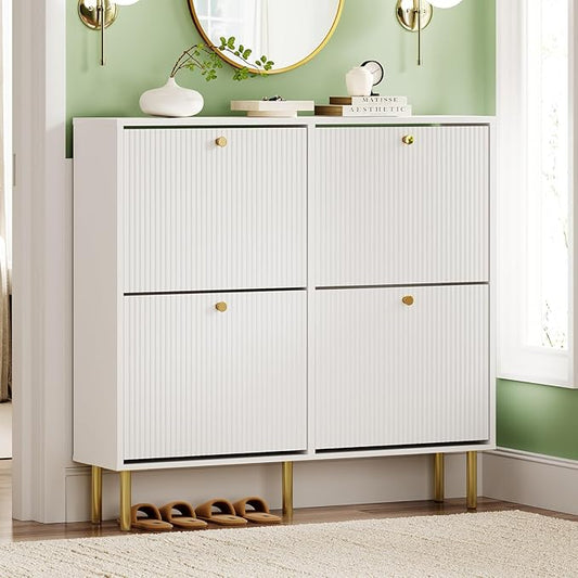 Nicetree Shoe Storage Cabinet for Entryway - 4 Flip Drawers Shoe Cabinet with Tiered Fluted Design - Slim Shoe Storage Rack with Gold Legs - Narrow Shoe Cabinet Hidden Shoe Organizer for Small Spaces