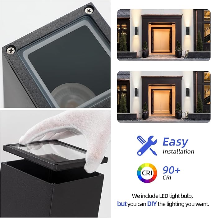 tewei LED Square Up and Down Lights Outdoor Wall Lights, Matte Black Exterior Lighting Fixtures with 7W LED Bulbs, Modern Outdoor Sconce Lights for House, Garage, Porch, Doorway, 2 Pack