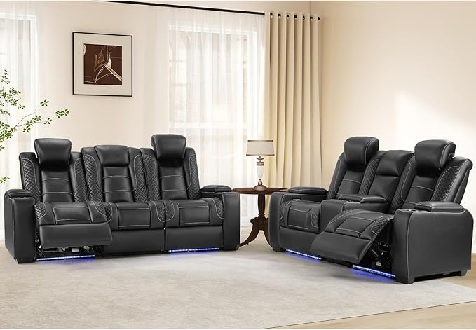 ANJ Modular Power Recliner Set: 5-Seat Home Theater Seating,3 Seat Recline Sofa and Loveseat (Center Console & Fixed Middle), LED Lights, USB Charging, Faux Leather for Living Room (Black)