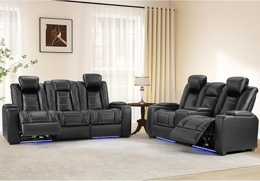 ANJ Modular Power Recliner Set: 5-Seat Home Theater Seating,3 Seat Recline Sofa and Loveseat (Center Console & Fixed Middle), LED Lights, USB Charging, Faux Leather for Living Room (Black)