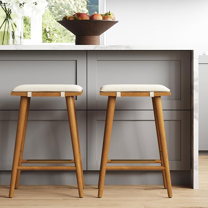 Nathan James Barker Counter Height Solid Wood Barstool with Upholstered Cushion, Backless Island Stool with Rubberwood Legs and Natural Textured Linen Upholstery for Kitchen, Brown/White, Set of 2
