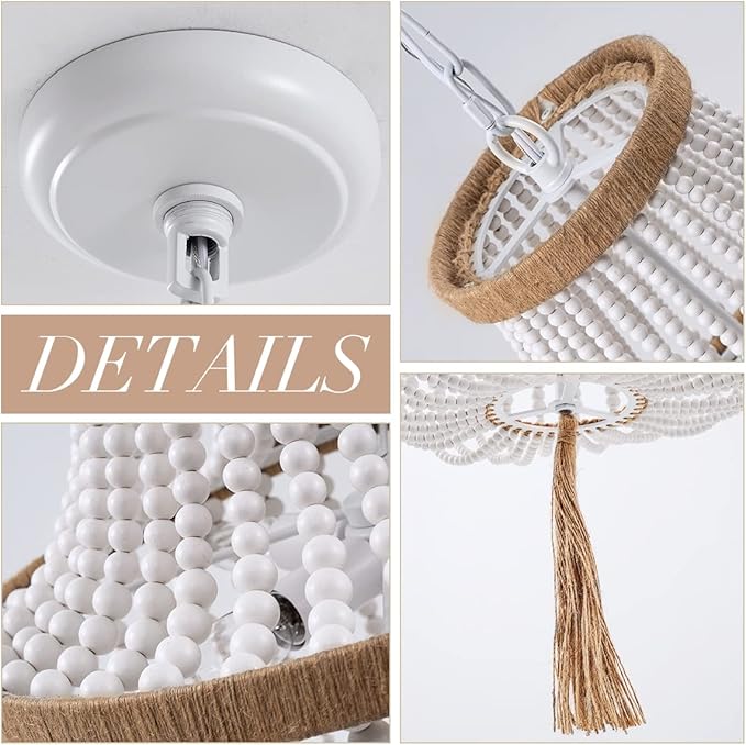 4 Lights Wood Beaded Farmhouse Chandelier with Tassels Bohemia Antique Rustic Pendant Light for Bedroom Kitchen Island Dining Living Room Foyer, White, Dia 17 Inch