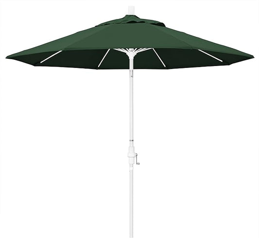 California Umbrella 9' Round Aluminum Pole Fiberglass Rib Market Umbrella, Crank Lift, Collar Tilt, White Pole, Hunter Green Olefin