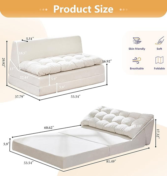 Hobestluk Sofa Couch Folding Sofa Bed Sleeper Comfy Floor Lounger Loveseat Sofa with Removable Cushion Couches Foldable Mattress for Living Room Bedroom or Office (Chenille Beige, Oversize)