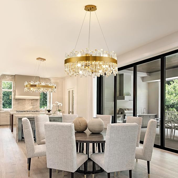 CROSSIO Modern Crystal Chandelier for Dining Room, 12-Light Luxury Gold Flush Mount Crystal Ceiling Light 2-Tiers K9 Crystal Raindrop Chandelier for Living Room Kitchen Entryway Foyer D23.6''