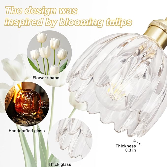 Vintage Bathroom Light Fixtures,2-Light Hardwired Vanity Lights with Clear Tulip Glass Shade,Gold Bathroom Vanity Light for Mirror Restroom,E26 Socket,14.57 in(Bulbs Not Included)
