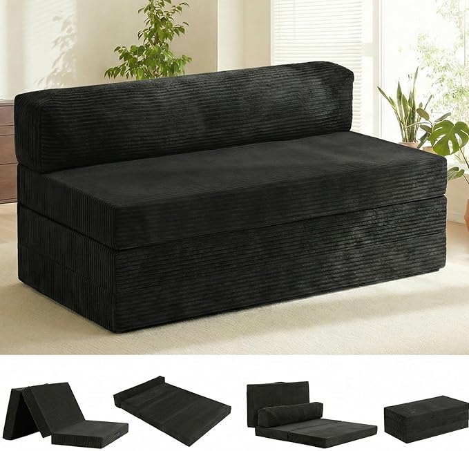 5-in-1 Convertible Sofa Bed, Boneless Couch Loveseat Sleeper with Removable Cushions & Washable Cover, Futon Sofa Bed with Handle, Pull Out Couch for Small Spaces, Full Size, Black