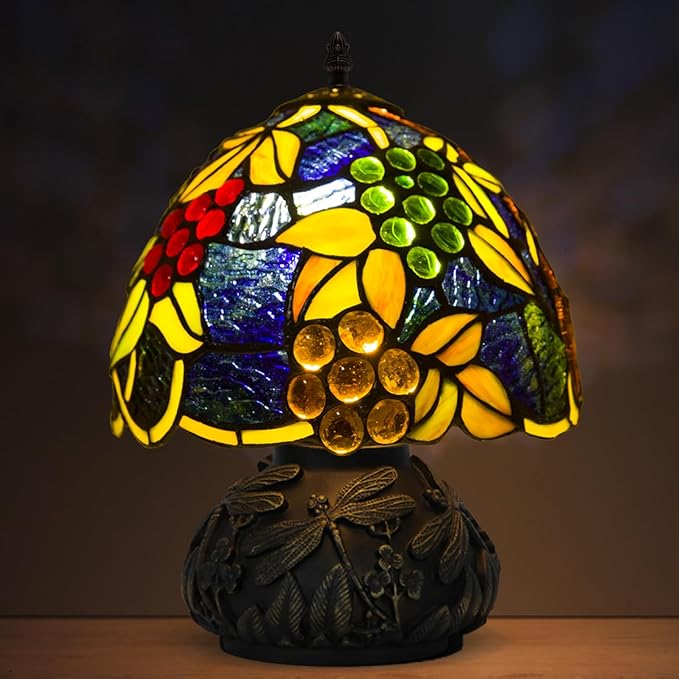 JHuiLap Small Tiffany Stained Glass Lamp, 3 Color Temperatures Bedside Lamp, 8 Inch Mushroom Desk Light for Bedroom Living Room Office Home Decor (Yellow Leaf Grapes)