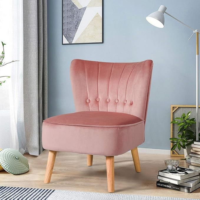 Giantex Modern Velvet Accent Chair, Small Upholstered Leisure Sofa Chair w/Wood Legs, Thickly Padded and Button Tufted, Armless Wingback Club Chairs for Living Room Bedroom Furniture (1, Pink)