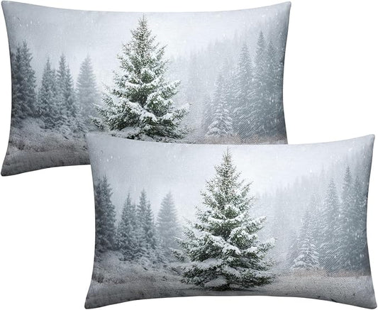 Winter Lumbar Pillow Covers 12x20 Set of 2 Christmas Pine Tree Outdoor Rectangle Throw Pillow Cases Snow Natural Forest Xmas Holiday Cushion Case for Farmhouse Living Room Decor