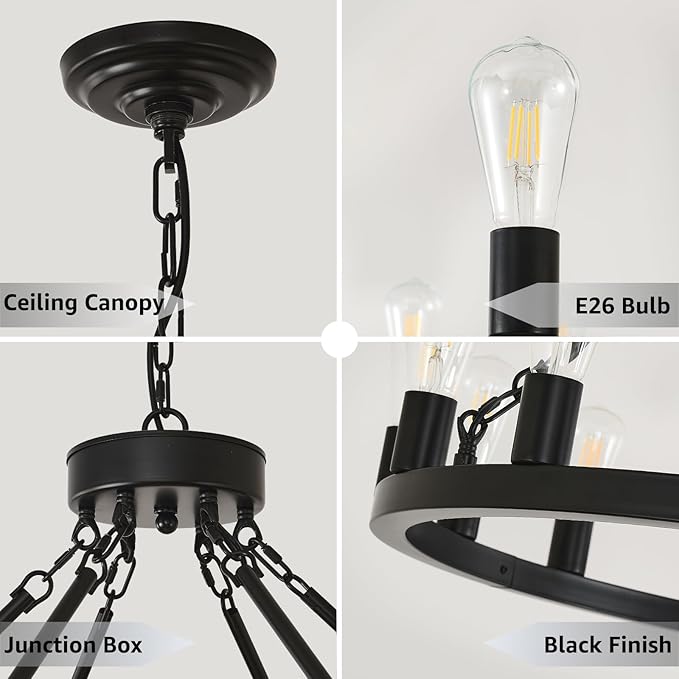 NILSE 64" Extra Large Black Farmhouse Chandelier, 36-Light Modern Wagon Wheel Chandelier for Foyer, Round Rustic Hanging Lighting for Living Room Dining Room Foyer Entryway, E26