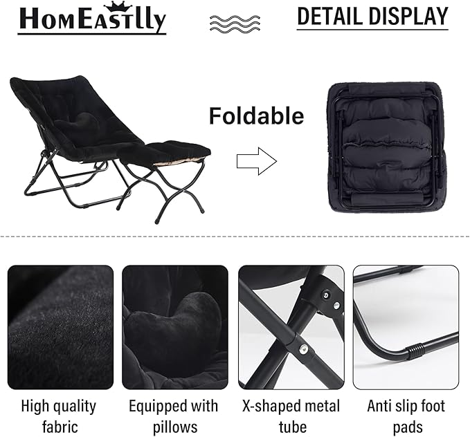 Comfy Saucer Chair with Ottoman, Oversized Folding Faux Fur Chair Soft Furry Lazy Chair with Metal Frame Moon Chair Accent Chair for Bedroom, Living Room, Dorm Rooms, Black