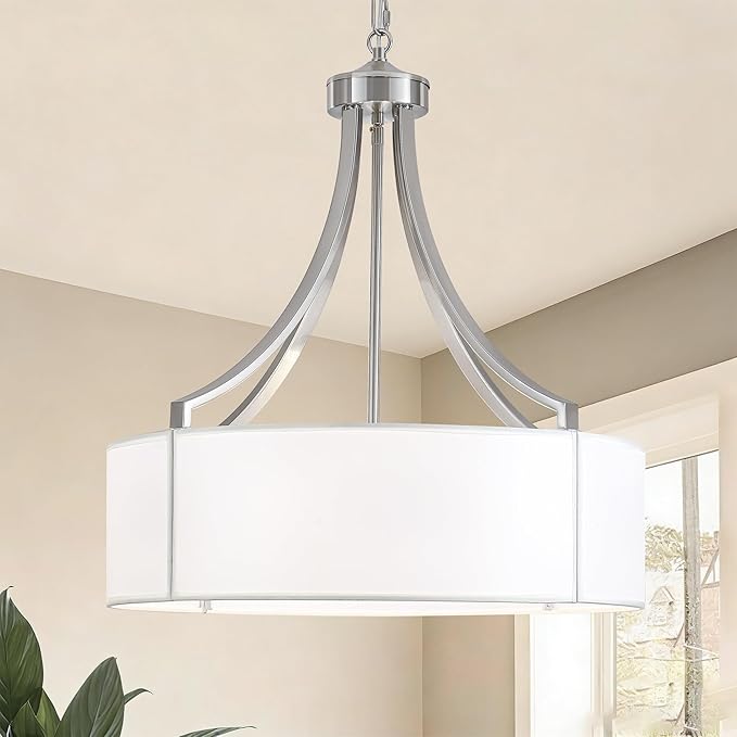 20" Modern Nickel Farmhouse Drum Chandeliers for Dining Room, 6-Light Rustic Drum Pendant Light with White Fabric Shade, Hanging Light Fixture for Living Room Bedroom Foyer Kitchen Island Entryway