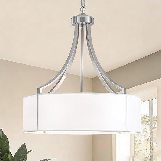 20" Modern Nickel Farmhouse Drum Chandeliers for Dining Room, 6-Light Rustic Drum Pendant Light with White Fabric Shade, Hanging Light Fixture for Living Room Bedroom Foyer Kitchen Island Entryway