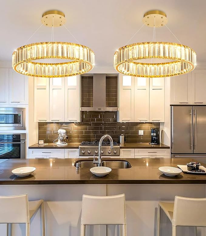 16'' Modern Ring Chandelier Crystal Chandeliers for Dining Room Round LED Dimmable Ceiling Light Fixture for Living Room Bedroom Lighting Gold