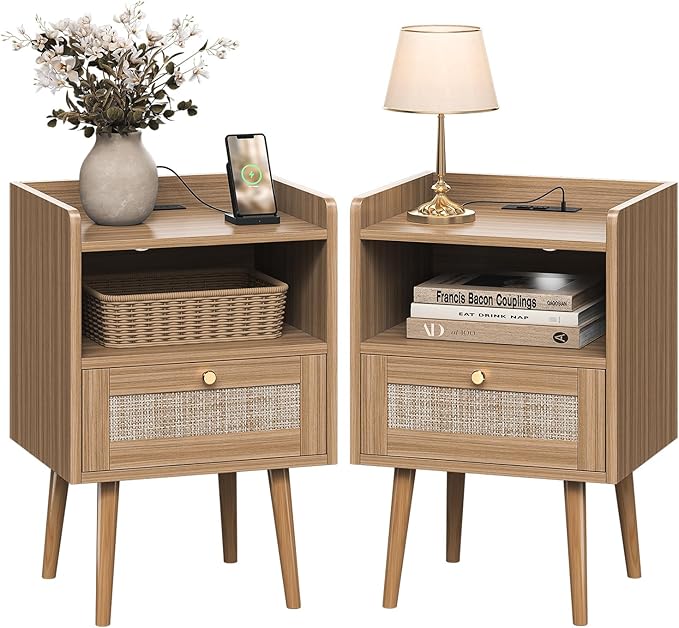 Night Stand Set 2, Nightstands Set of 2 with Charging Station, Rattan Side Tables with Solid Wood Legs, Boho Bedside End Table for Farmhouse Bedroom Dorm Small Space - Brown