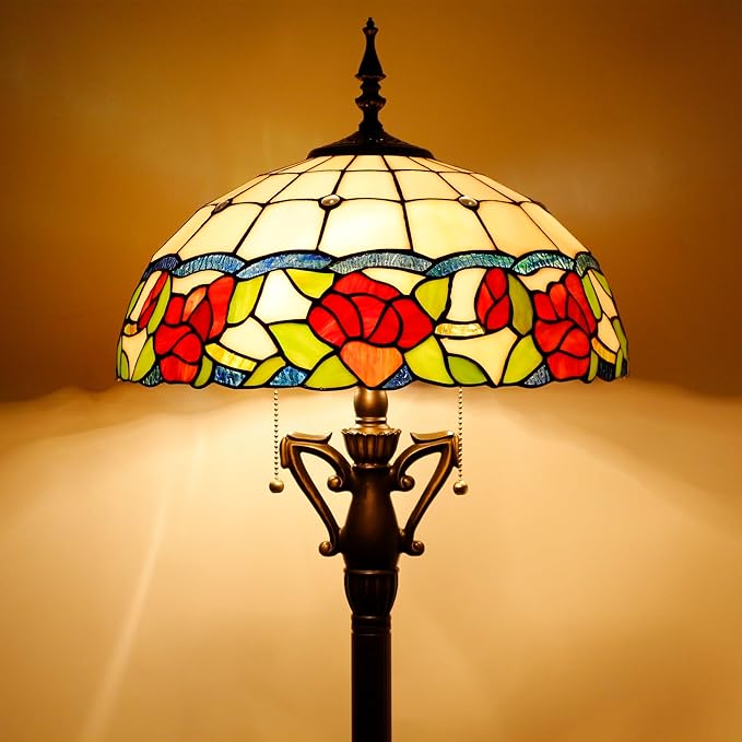 Tiffany Floor Lamp Rose Flower Style Stained Glass Standing Reading Light 16X16X66 Inches Antique Pole Corner Lamp Decor Bedroom Living Room