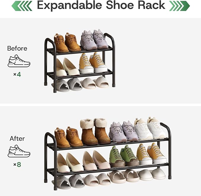 Shoe Rack for Closet, Black 2-Tier Expandable Closet Shoe Rack Metal Organizer, Heavy Duty Shoe Storage Shelf for Entryway, Doorway, Narrow Space