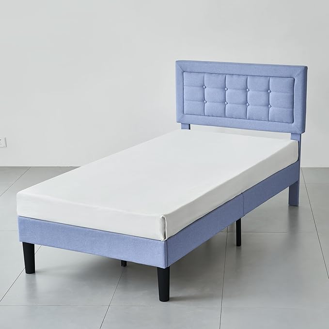 VECELO Twin Size Bed Frame with Adjustable Headboard, Upholstered Button Tufted Bedframe with Wood Slats Support, No Box Spring Needed, Light Blue
