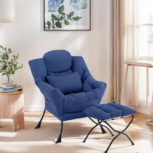 Lazy Chair with Ottoman, Modern Lounge Chair with Lumbar Pillow, Accent Cozy Reading Armchair and Folding Footstool for Bedroom, Dorm, Living Room,Peacock Blue