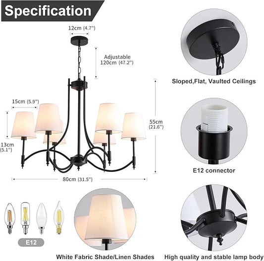 Black Farmhouse Chandelier for Dining Room， 6-Lights with White Fabric Shade Dining Room Light Fixtures，Rustic Industrial Chandelier for Living Room Kitchen Island Foyer