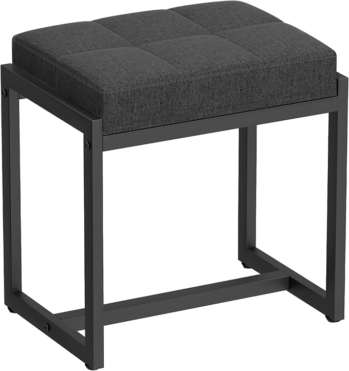 Vanity Stool, Vanity Chair Stools for Makeup Room, Square Linen Makeup Stool for Vanity, Modern Padded Small Ottomans Foot Rest for Bedroom Living Room, Dark Grey&Black