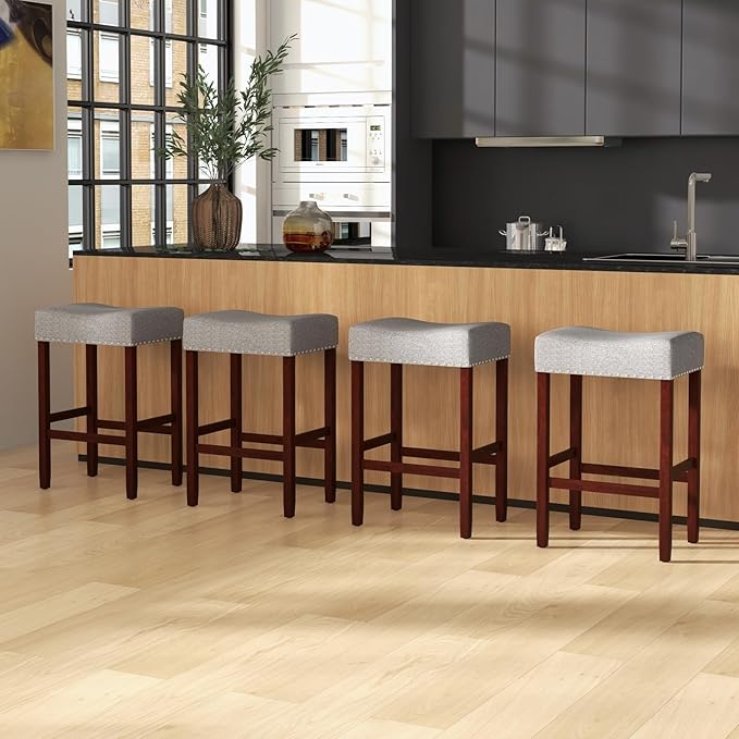 ERGOMASTER Bar Stools, 24 Inch Modern Saddle Stools, Rubber Wood, Light Grey/Brown, Set of 4
