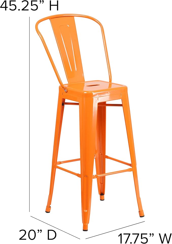 Flash Furniture Commercial Grade 30" High Orange Metal Indoor-Outdoor Barstool with Removable Back