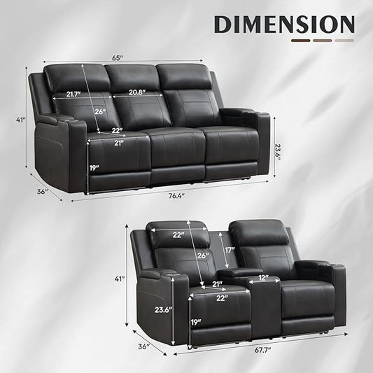 Netpane Breathable Leather Power Recliner Sofa Set with LED, Power Reclining Sofa and Loveseat Set with Adjustable Headrest/Wireless Charger/USB Ports/Storage for Living Room/HomeTheater (Grey&Black)