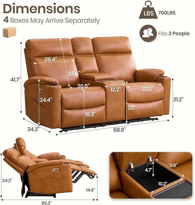 Power Recliner Loveseat, Electric Reclining Sofa with Wireless Charger, Wall Hugger Loveseat Recliner with Extended Footrest, 2-Seater Couch for Living Room, RV & Office (Brown)