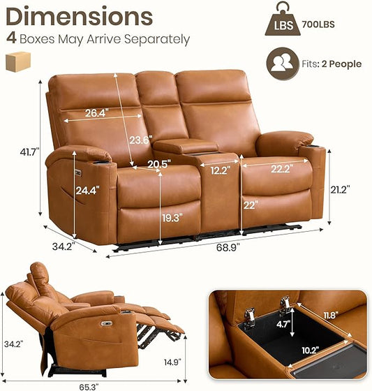 Power Recliner Loveseat, Electric Reclining Sofa with Wireless Charger, Wall Hugger Loveseat Recliner with Extended Footrest, 2-Seater Couch for Living Room, RV & Office (Brown)