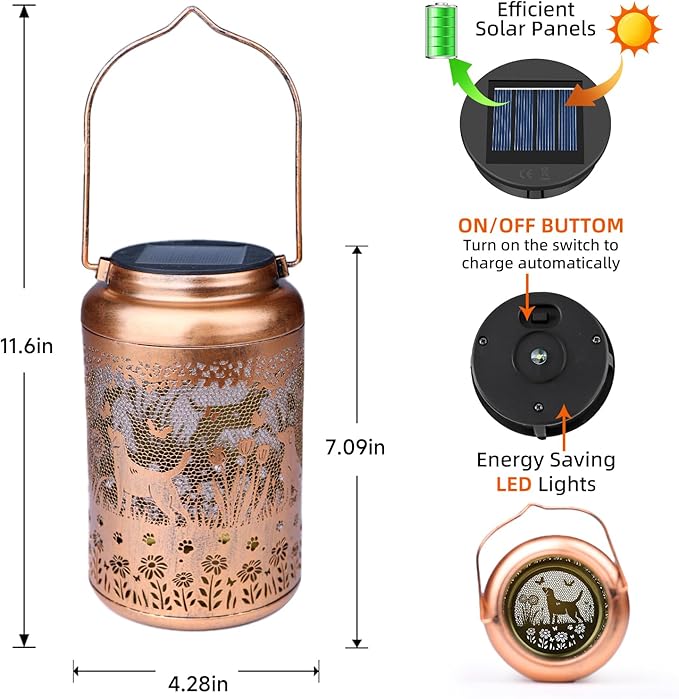 Dog Solar Lanterns Outdoor Waterproof Garden Decor Solar Lights Gifts for Women Men Mom Hanging Lantern LED Light Metal Dog Decoration Outside for Yard,Lawn,Porch,Patio,Tabletop