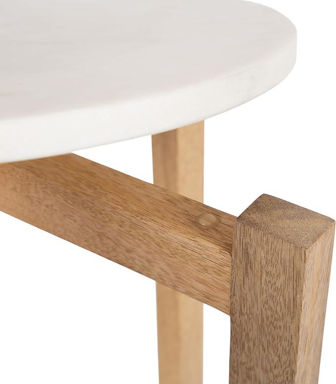 Kate and Laurel Moxley Transitional Round Side Table; 16 x 16 x 22; White Marble and Natural Wood; Tiered Pedestal Table with Authentic Marble Tabletops for Bedroom Nightstand or Indoor Plant Stand