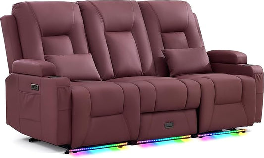 URRED Power Loveseat Recliner Sofa with Console, Wall Hugger Reclining Loveseat RV Couch with LED Light, 150° Zero Gravity Recliners Modular Couches for Living Room (Red, 77.3'' - 3 Seats)