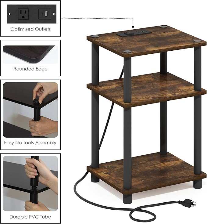 Furinno JUST Side Table, 3-Tier Modern End Table with Charging Station, Easy Assembly Night Stand, Bedside Table with USB and Type-C Charging Port, for Living Room, Bedroom, Amber Pine