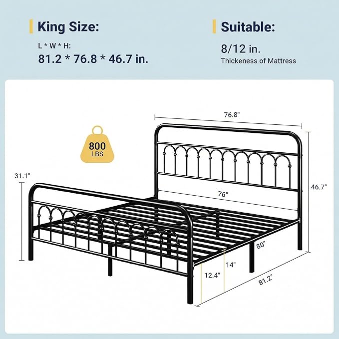 Allewie 14 Inches King Size Metal Platform Bed Frame with Victorian Style Curved Iron-Art Headboard/Footboard, Metal Slats Support, Easy Assembly, Under Bed Storage, No Box Spring Required, Black
