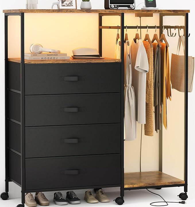 Dresser for Bedroom with Clothes Rack, 4 Drawers Dresser with Charging Station and LED Lights, Storage Chest of Drawers with Wheels, Wooden Top, for Closet, Living Room, Hallway, Rustic Brown