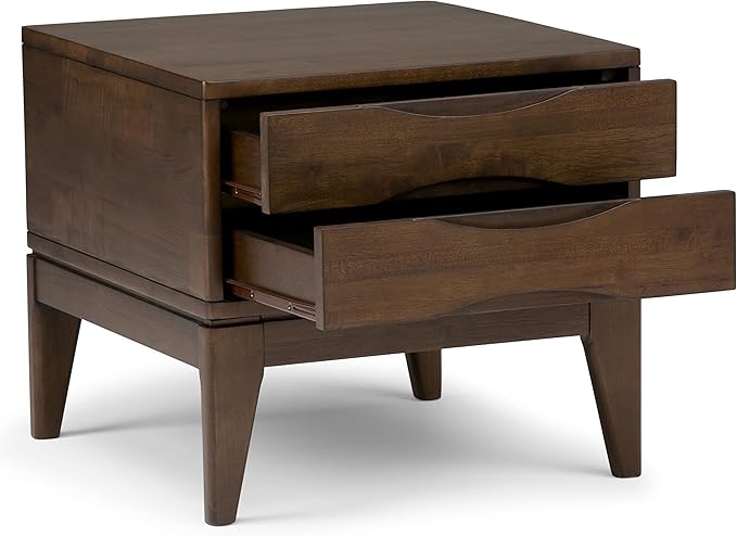 SIMPLIHOME Harper End Table - 22 inch Wide Solid Wood 2 Drawer Side Table in Walnut Brown, Mid Century Modern Accent Table for Living Room with Tapered Legs and Notched Handles