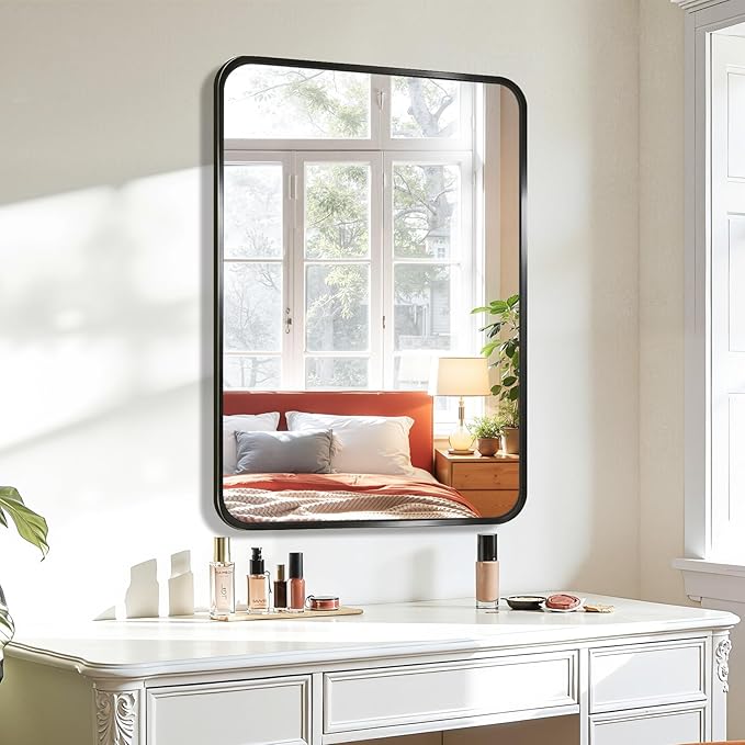 Koonmi Metal Framed Bathroom Mirror, 24"X36" Anti-Rust Bathroom Vanity Mirror, High-Definition Tempered Glass Wall Mounted Mirror for Over Sink, Modern Decorative Wall Mirror for Restroom