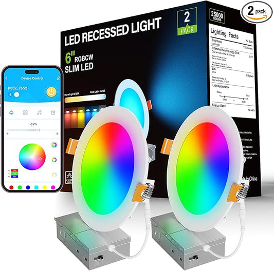 DAYBETTER WiFi 6 Inch Recessed Lights Can -RGBCW Color Changing Tunable White (2700KK-6500K), Ultra Thin Dimmable LED Alexa Voice Control Wafer Light Easy Install 2Pack